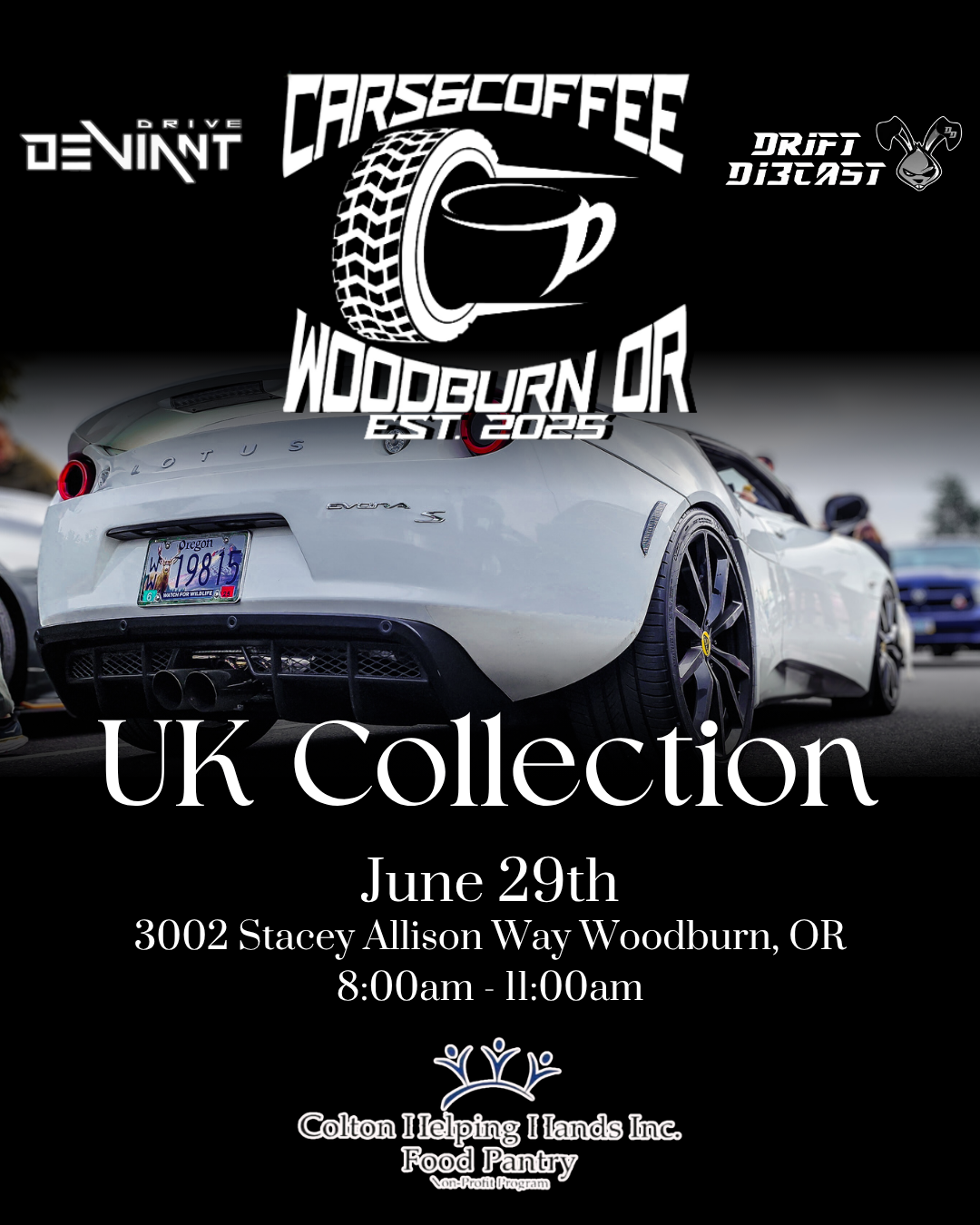 Event Flier for Woodburn Cars and Coffee event and donation drive "UK Collection featuring a photo of the rear end of a Lotus Evora S