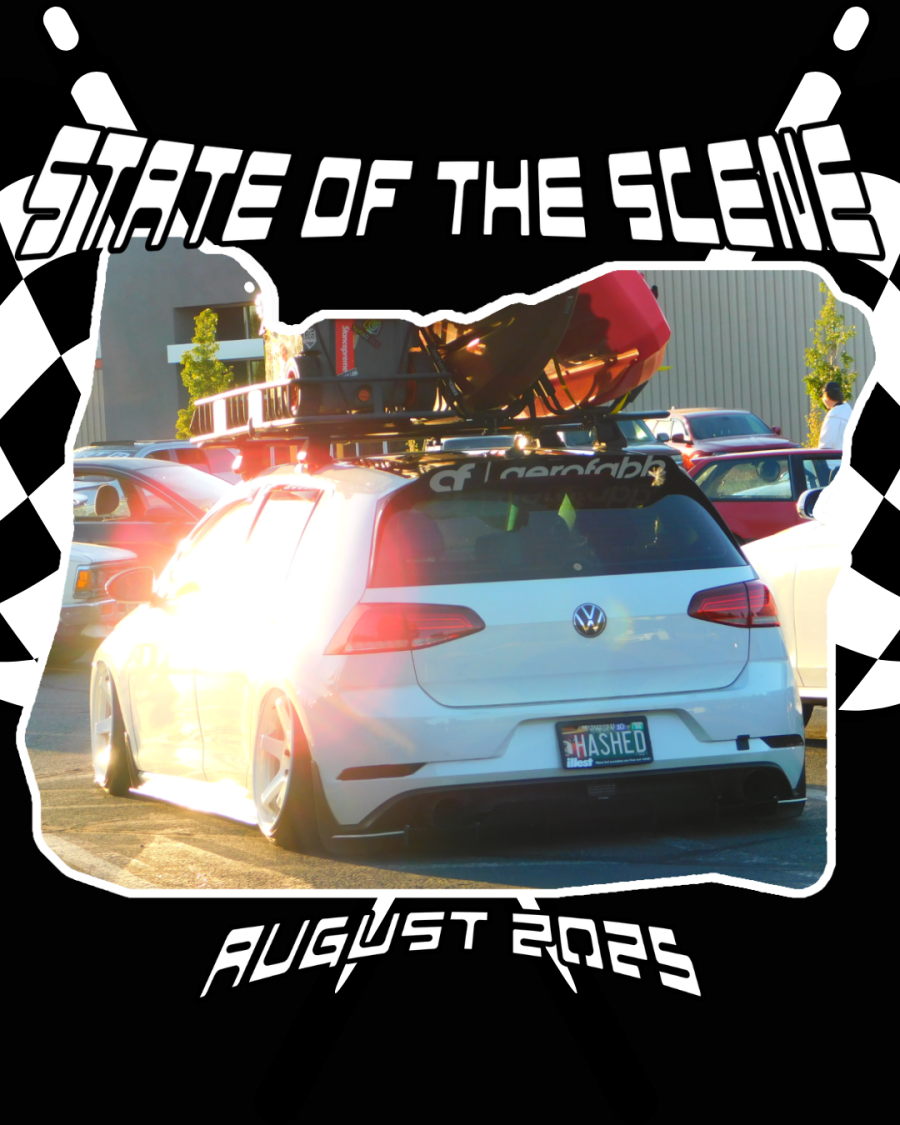 Bagged white Volkswagen Golf owned by @brokewookie, parked at a PNW car meet during sunset. Featured in State of the Scene August 2025 article on Woodburn Cars and Coffee.